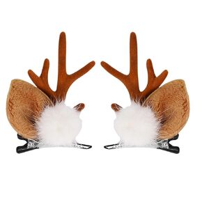 2pcs Christmas Small Hair Clips - Xmas Cute Bear Ear Hair Barrettes Christmas Brown Elk with White Furry Ball Designs Small Hair Accessories Winter Lovely Hair Clips for Christmas Party Decor