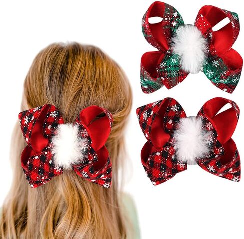 2 Packs Christmas Hair Bows Clips Large Christmas Buffalo Plaid Bow Clips Lattice BowKnot Hair Clips with Fluffy Pom Balls Design Xmas Bow Knots Hairpins Hair Barrettes for Toddler Girls Baby Headwear in Saudi Arabia