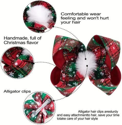 2 Packs Christmas Hair Bows Clips Large Christmas Buffalo Plaid Bow Clips Lattice BowKnot Hair Clips with Fluffy Pom Balls Design Xmas Bow Knots Hairpins Hair Barrettes for Toddler Girls Baby Headwear in Saudi Arabia