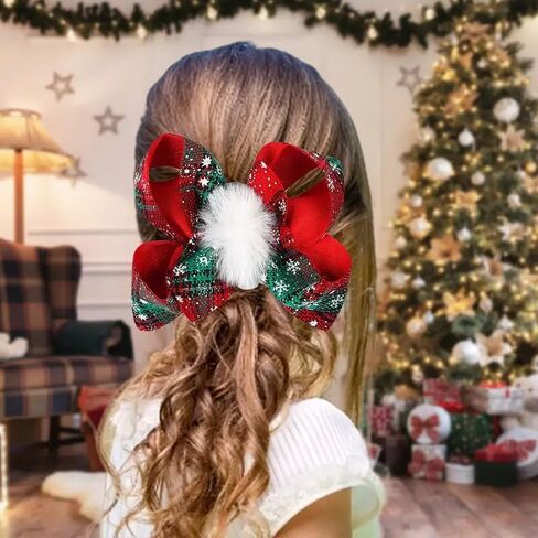 2 Packs Christmas Hair Bows Clips Large Christmas Buffalo Plaid Bow Clips Lattice BowKnot Hair Clips with Fluffy Pom Balls Design Xmas Bow Knots Hairpins Hair Barrettes for Toddler Girls Baby Headwear in Saudi Arabia