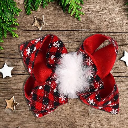 2 Packs Christmas Hair Bows Clips Large Christmas Buffalo Plaid Bow Clips Lattice BowKnot Hair Clips with Fluffy Pom Balls Design Xmas Bow Knots Hairpins Hair Barrettes for Toddler Girls Baby Headwear in Saudi Arabia