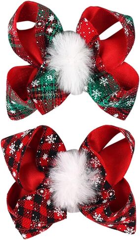 2 Packs Christmas Hair Bows Clips Large Christmas Buffalo Plaid Bow Clips Lattice BowKnot Hair Clips with Fluffy Pom Balls Design Xmas Bow Knots Hairpins Hair Barrettes for Toddler Girls Baby Headwear in Saudi Arabia