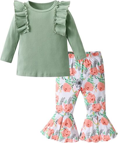 Eghunooy Toddler Baby Girl Clothes Ruffle Long Sleeve Ribbed Tops and Floral Flared Pants 2Pcs Outfits Set in Saudi Arabia