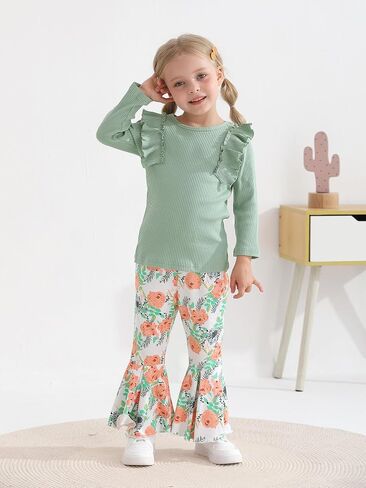 Eghunooy Toddler Baby Girl Clothes Ruffle Long Sleeve Ribbed Tops and Floral Flared Pants 2Pcs Outfits Set in Saudi Arabia