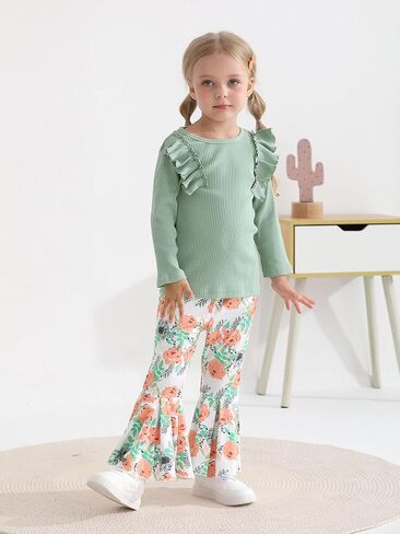 Eghunooy Toddler Baby Girl Clothes Ruffle Long Sleeve Ribbed Tops and Floral Flared Pants 2Pcs Outfits Set in Saudi Arabia