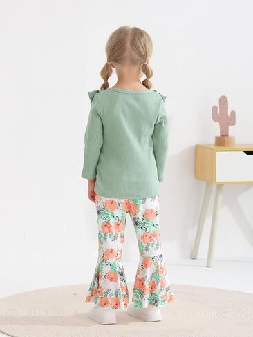 Eghunooy Toddler Baby Girl Clothes Ruffle Long Sleeve Ribbed Tops and Floral Flared Pants 2Pcs Outfits Set in Saudi Arabia