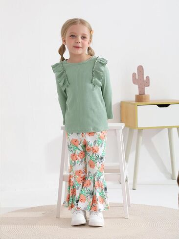 Eghunooy Toddler Baby Girl Clothes Ruffle Long Sleeve Ribbed Tops and Floral Flared Pants 2Pcs Outfits Set in Saudi Arabia