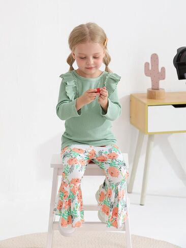 Eghunooy Toddler Baby Girl Clothes Ruffle Long Sleeve Ribbed Tops and Floral Flared Pants 2Pcs Outfits Set in Saudi Arabia