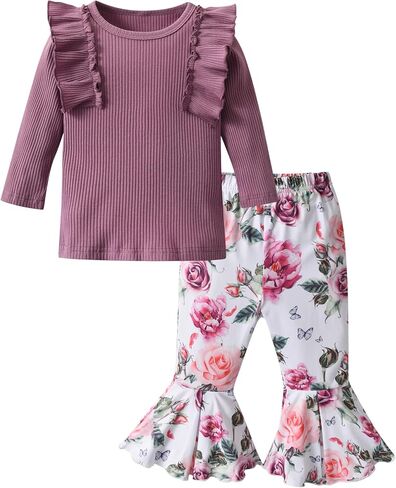 Eghunooy Toddler Baby Girl Clothes Ruffle Long Sleeve Ribbed Tops and Floral Flared Pants 2Pcs Outfits Set in Saudi Arabia