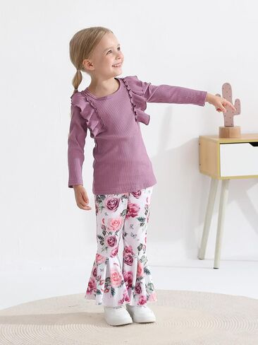Eghunooy Toddler Baby Girl Clothes Ruffle Long Sleeve Ribbed Tops and Floral Flared Pants 2Pcs Outfits Set in Saudi Arabia