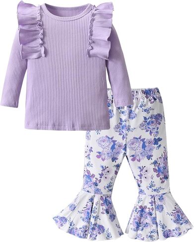 ملابس Eghunooy للفتيات الصغيرات، ملابس علوية مضلعة وأكمام طويلة مكشكشة وسروال واسع مزين بالزهور، طقم ملابس مكون من قطعتين in Kuwait