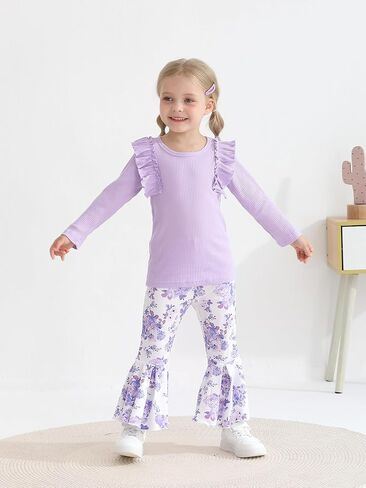 ملابس Eghunooy للفتيات الصغيرات، ملابس علوية مضلعة وأكمام طويلة مكشكشة وسروال واسع مزين بالزهور، طقم ملابس مكون من قطعتين in Kuwait