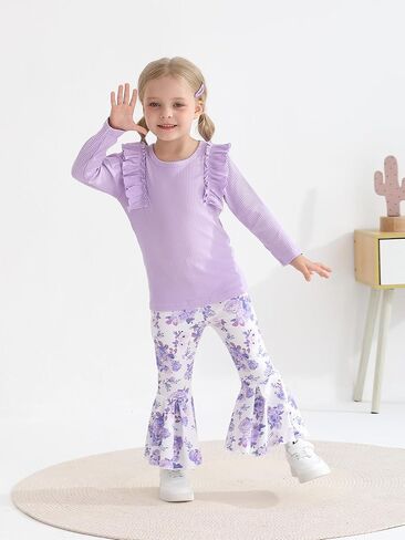 ملابس Eghunooy للفتيات الصغيرات، ملابس علوية مضلعة وأكمام طويلة مكشكشة وسروال واسع مزين بالزهور، طقم ملابس مكون من قطعتين in Kuwait