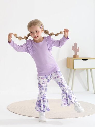 ملابس Eghunooy للفتيات الصغيرات، ملابس علوية مضلعة وأكمام طويلة مكشكشة وسروال واسع مزين بالزهور، طقم ملابس مكون من قطعتين in Kuwait