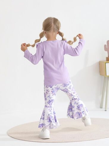 ملابس Eghunooy للفتيات الصغيرات، ملابس علوية مضلعة وأكمام طويلة مكشكشة وسروال واسع مزين بالزهور، طقم ملابس مكون من قطعتين in Kuwait