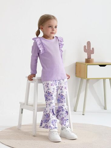 ملابس Eghunooy للفتيات الصغيرات، ملابس علوية مضلعة وأكمام طويلة مكشكشة وسروال واسع مزين بالزهور، طقم ملابس مكون من قطعتين in Kuwait