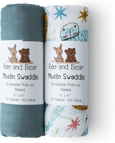 Twin Pack Muslin Swaddle Blankets - Large 47 x 47 Inch Size - Buttery Soft and Breathable for Newborn Baby Made with Bamboo Rayon and Cotton Blend - Blue and Space Cats in Saudi Arabia