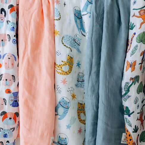 Twin Pack Muslin Swaddle Blankets - Large 47 x 47 Inch Size - Buttery Soft and Breathable for Newborn Baby Made with Bamboo Rayon and Cotton Blend - Blue and Space Cats in Saudi Arabia