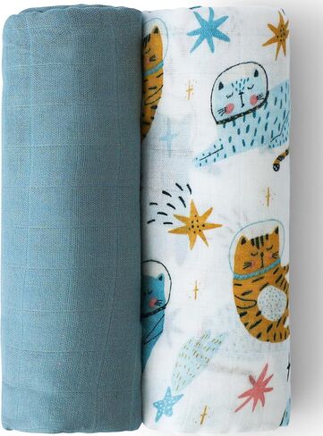 Twin Pack Muslin Swaddle Blankets - Large 47 x 47 Inch Size - Buttery Soft and Breathable for Newborn Baby Made with Bamboo Rayon and Cotton Blend - Blue and Space Cats in Saudi Arabia