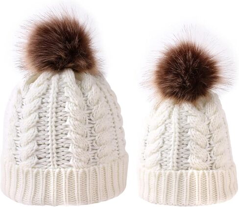 2PCS Parent-Child Knit Hat Family Matching Winter Warmer Hat Mother & Baby Crochet Beanie Ski Cap with Pom in Saudi Arabia