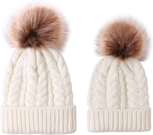 2PCS Parent-Child Knit Hat Family Matching Winter Warmer Hat Mother & Baby Crochet Beanie Ski Cap with Pom in Saudi Arabia