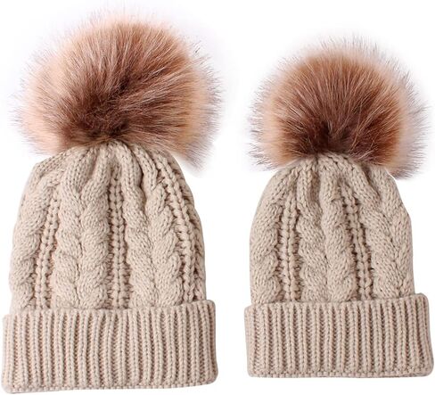 2 قطعة الوالدين والطفل متماسكة قبعة الأسرة مطابقة قبعة شتوية قبعة الأم والطفل الكروشيه قبعة قبعة تزلج مع بوم in Kuwait