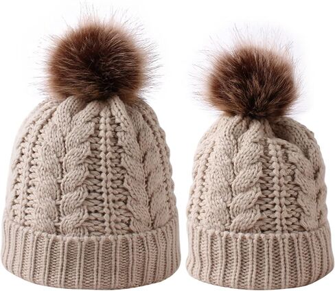 2 قطعة الوالدين والطفل متماسكة قبعة الأسرة مطابقة قبعة شتوية قبعة الأم والطفل الكروشيه قبعة قبعة تزلج مع بوم in Kuwait