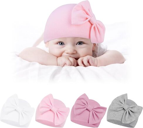 Zando Baby Girl Hats قبعة صغيرة للأطفال حديثي الولادة مع القوس الكبير قبعات الأطفال حديثي الولادة 0-6 أشهر قبعة المستشفى حديثي الولادة قبعات الرضع للأولاد والبنات قبعة صغيرة للأطفال قبعة Preemie قبعة شتوية للأطفال 4 عبوات 3 0-3 أشهر in Saudi Arabia