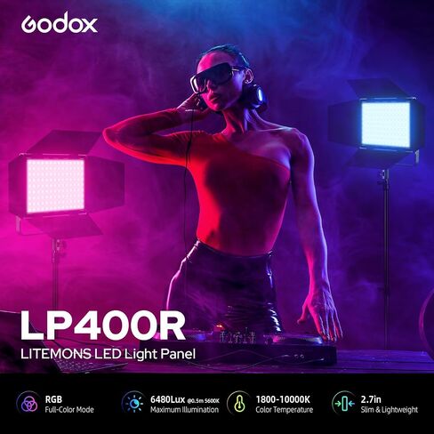 مصباح فيديو Godox LP400R RGB LED مع Barndoor، 36W 1800K-10000K 6480Lux LED لوحة ضوء مع 14 تأثيرات FX APP التحكم CRI/TLCI 96+ Dimmable 0-100% أضواء استوديو ناعمة للتصوير الفوتوغرافي in Saudi Arabia