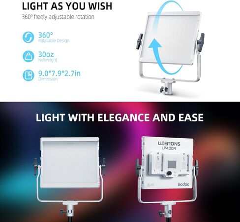 مصباح فيديو Godox LP400R RGB LED مع Barndoor، 36W 1800K-10000K 6480Lux LED لوحة ضوء مع 14 تأثيرات FX APP التحكم CRI/TLCI 96+ Dimmable 0-100% أضواء استوديو ناعمة للتصوير الفوتوغرافي in Saudi Arabia