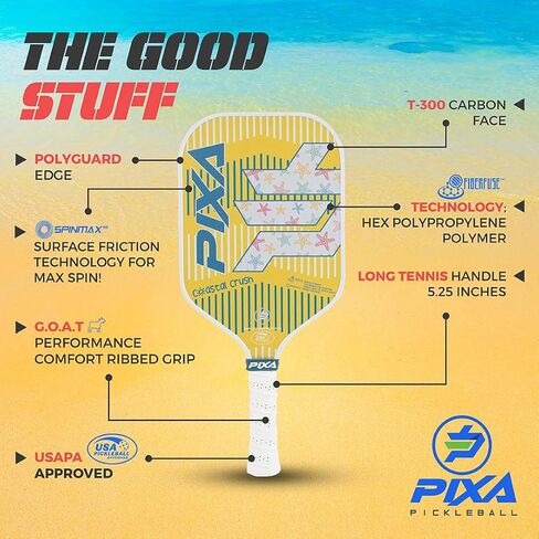 PIXA Coastal Crush Pickleball Paddle, T-300 Carbon Face, Friction Surface, 5.25 inch Handle, USAPA Approved, Beginner/Intermediate, Great Gift! in Saudi Arabia