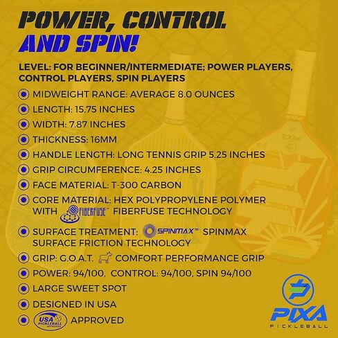 PIXA Coastal Crush Pickleball Paddle, T-300 Carbon Face, Friction Surface, 5.25 inch Handle, USAPA Approved, Beginner/Intermediate, Great Gift! in Saudi Arabia