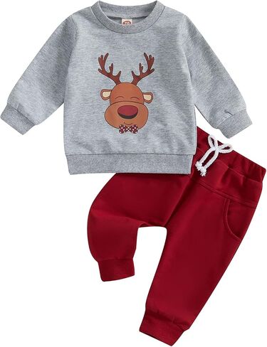 Sasaerucure Infant Baby Boy Christmas Clothes Long Sleeve Shirts + Red Pants Set Toddler Baby Boy Reindeer Outfit in Saudi Arabia
