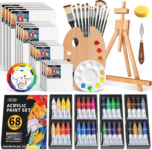 ARTALLY Acrylic Paint Set for Adults & Kids, 62 Pcs Canvas Painting Kits, 32 Colors Acrylic Paint (22ML),Table Easel,Brushes,Canvas, Art Painting Supplies Kit for Students,Artists,Beginners in Kuwait