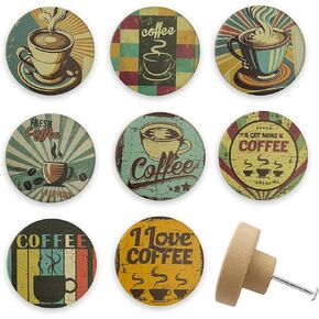 Set of 8 Wooden Knobs Vintage Retro Coffee Themed Decorative Wood Kitchen Cabinet Coffee Bar Dresser Knobs1.8 x 1.8 Inches