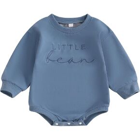 Lamuusaa Newborn Baby Girl Boy Clothes Little Bean Embroidery Romper Long Sleeve Bodysuit Crewneck Sweatshirt Fall Outfit