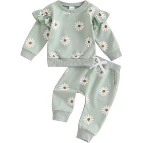 Toddler Girl Winter Clothes Ruffle Long Sleeve Daisy Sweatshirt Drawstring Waist Pants Cute Baby Infant Girl Clothes