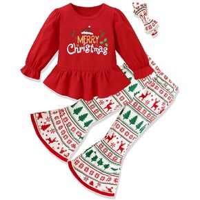 Toddler Girl Christmas Outfit Print Ruffle Top Bell-bottom Pants Cute Bow Headband Baby Girl Clothes 18M 5T