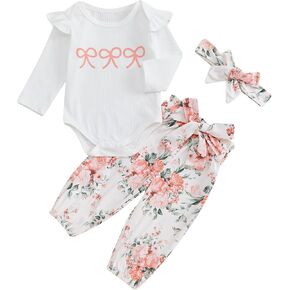Newborn Baby Girl Clothes Ribbed Ruffle Bow Romper Floral Pants Bow Headband Cute Infant Outfit Set