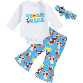 Ayalinggo Newborn Baby Girl Outfit Groovy Girls Letter Print Romper Mushroom Bell Bottom Pants Fall Clothes with Headband