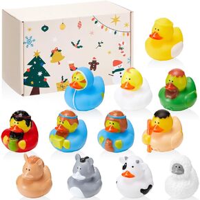 DEEKIN 12 Pcs Nativity Rubber Duck 2 Inches Christmas Nativity Duck with 1 Box Nativity Party Ducks Suitable for Holiday and Stocking Stuffers for Kids