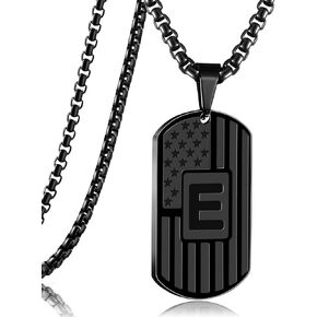 RWQIAN American Flag Initial Dog Tag Necklace for Men Boys, Stainless Steel Letter A-Z with 24 Inch Chain Military Pendant Jewelry Gift for Valentine's Birthday Christmas Anniversary Fathers Day