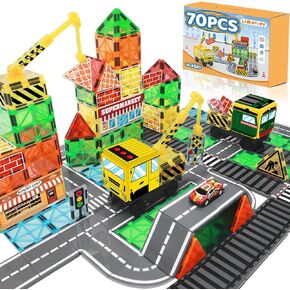 70Pcs Magnetic Tiles Magnetic Building Blocks, Building Toys for Kids Ages 3-5 4-8 8-12 Toddlers STEM Preschool Toys Boys Toys, City Construction Toys Set with 2 Cranes Train Tracks Road Car