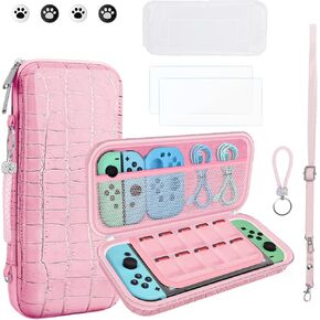 belle&birdie Carrying Case for Nintendo Switch OLED,Switch Accessories Set with Cute Protective Case,Soft TPU Cover, Screen Protector,Adjustable Strap,Thumb Grip Caps (Pink Crocodile)