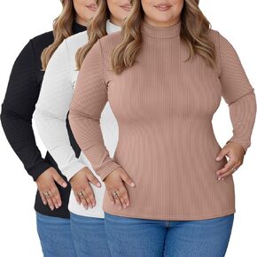 Riyiper 3 Pack Women's Plus Size Mock Turtleneck Tops, Long Sleeve Slim Fit Ribbed T-Shirts Pullover Sweater Basic Layer Top