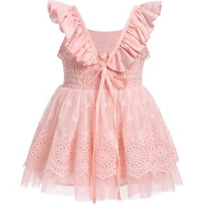 Christening Dresses for Baby Girl Fairy First Birthday Flutter Sleeve Smocked Dress Boho Floral Lace Tutu Dress