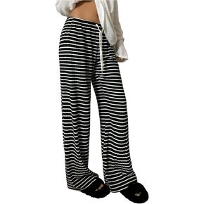 GORGLITTER Women's Striped Wide Leg Lounge Pants Comfy Elastic Waist Drawstring Loose Baggy Knit Pant