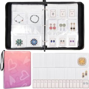 Large Jewelry Organizer Storage Book - Jewelry Storage Book, PU Jewelry Travel Binder, Pink Heart Jewelry Album Holder for Rings Earrings, 602 Pockets&80 PVC Pouches&15 Stud Necklace Display Cards