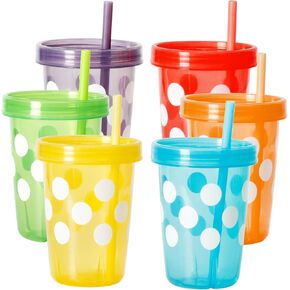 Youngever 7 Sets 11 Ounce Plastic Kids Cups with Lids and Straws, 7 Pack Reusable Toddler Cups with Straws in 7 Assorted Colors (Polka)