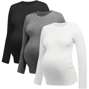 SOLY HUX Women's 3 Piece Maternity T Shirt Crew Neck Long Sleeve Stretch Slim Fit Basic Tee Tops